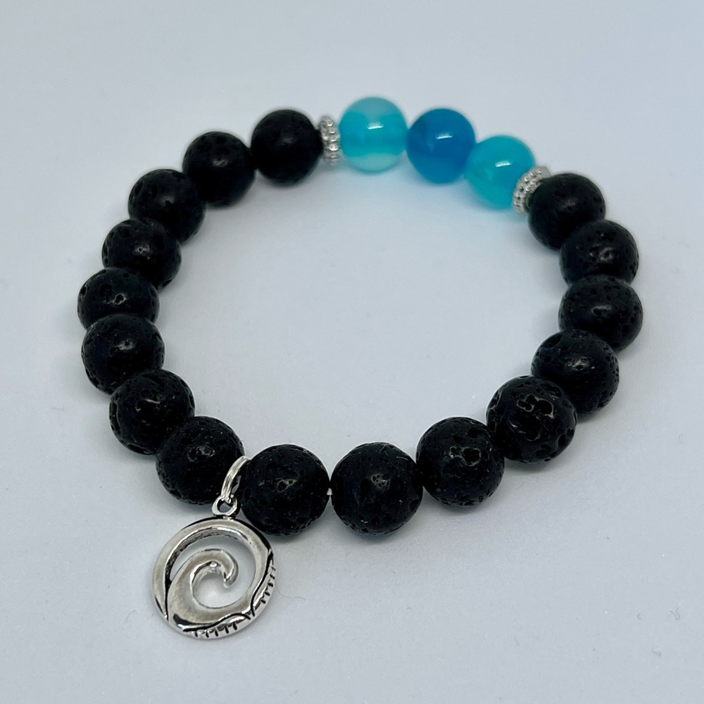 Hand crafted lava rock and blue agates beads with wave charm
